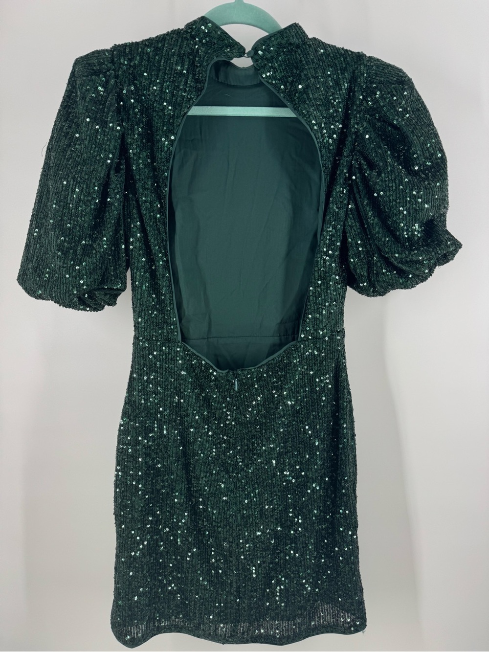 Camila Coelho Cassie Emerald Green Sequin Puff Sleeve Open Back Mini Dress Sz S - Picture 7 of 16